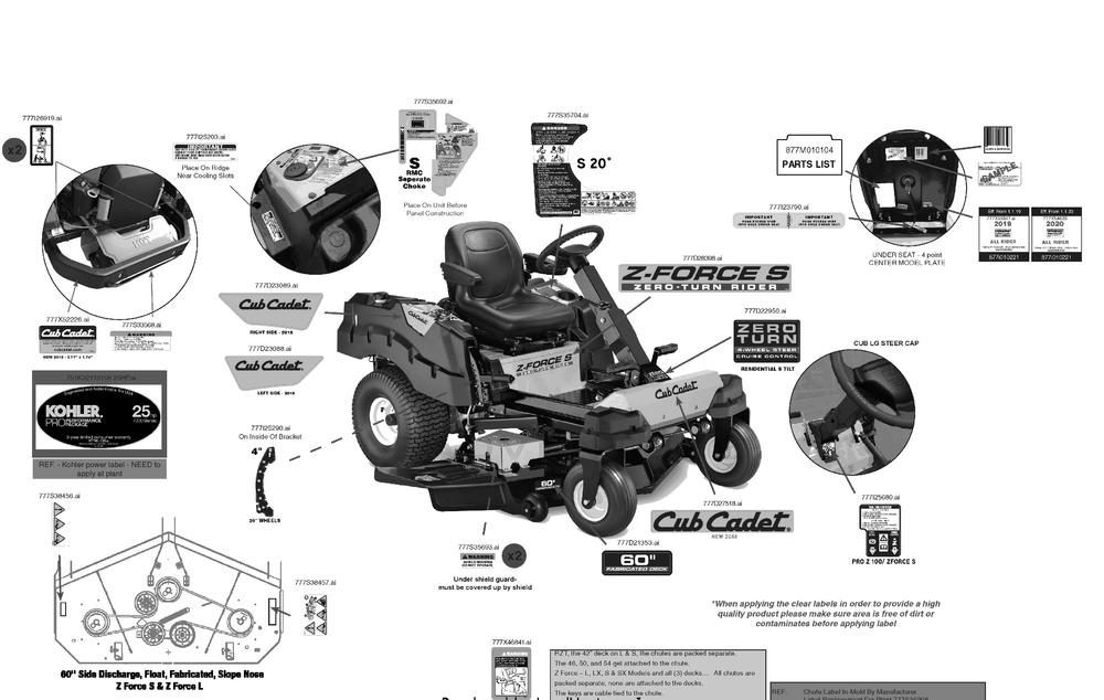Label Map Diagram and Parts List for Z-FORCES60KH (47RSDGHD010)(2020) Cub Cadet Lawn Tractor